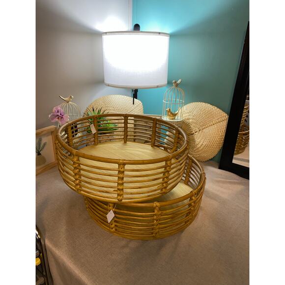 Large Round Ratten Wooden Trays Lot of 2 New with Partial Tag Boho Decor - Picture 1 of 6